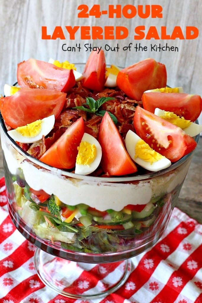 24-Hour Layered Salad | Can't Stay Out of the Kitchen | Wow, I absolutely love this stuff! This #salad has so many layers & tastes absolutely awesome. We love to serve it for potlucks, backyard #BBQs and summer #holidays like #FathersDay, #FourthofJuly & #LaborDay. #bacon #romano #glutenfree