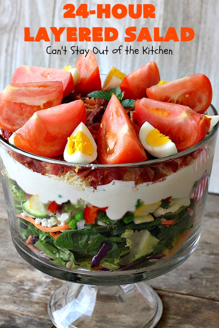24-Hour Layered Salad | Can't Stay Out of the Kitchen | Wow, I absolutely love this stuff! This #salad has so many layers & tastes absolutely awesome. We love to serve it for potlucks, backyard #BBQs and summer #holidays like #FathersDay, #FourthofJuly & #LaborDay. #bacon #romano #glutenfree
