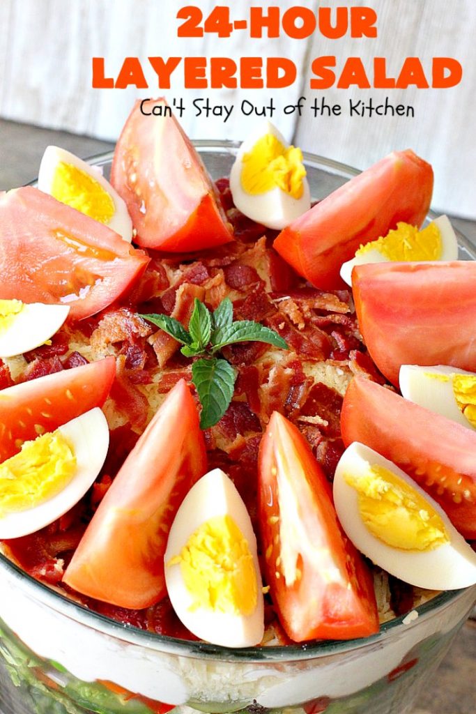 24-Hour Layered Salad | Can't Stay Out of the Kitchen | Wow, I absolutely love this stuff! This #salad has so many layers & tastes absolutely awesome. We love to serve it for potlucks, backyard #BBQs and summer #holidays like #FathersDay, #FourthofJuly & #LaborDay. #bacon #romano #glutenfree