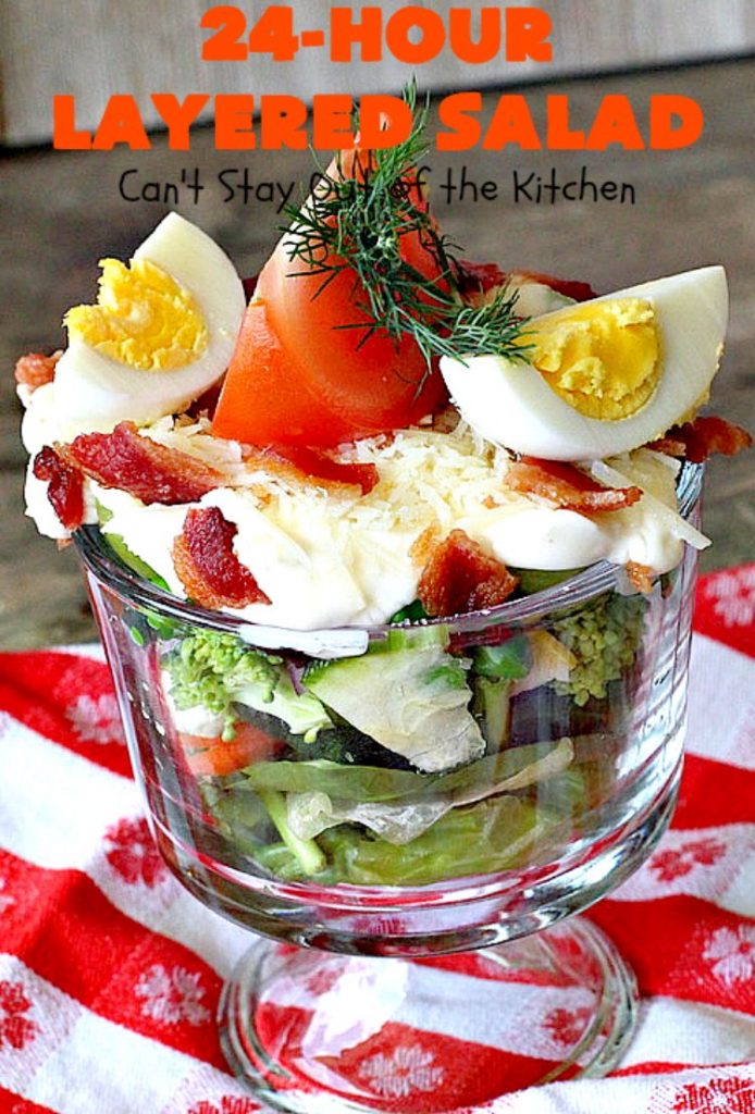 24-Hour Layered Salad | Can't Stay Out of the Kitchen | Wow, I absolutely love this stuff! This #salad has so many layers & tastes absolutely awesome. We love to serve it for potlucks, backyard #BBQs and summer #holidays like #FathersDay, #FourthofJuly & #LaborDay. #bacon #romano #glutenfree