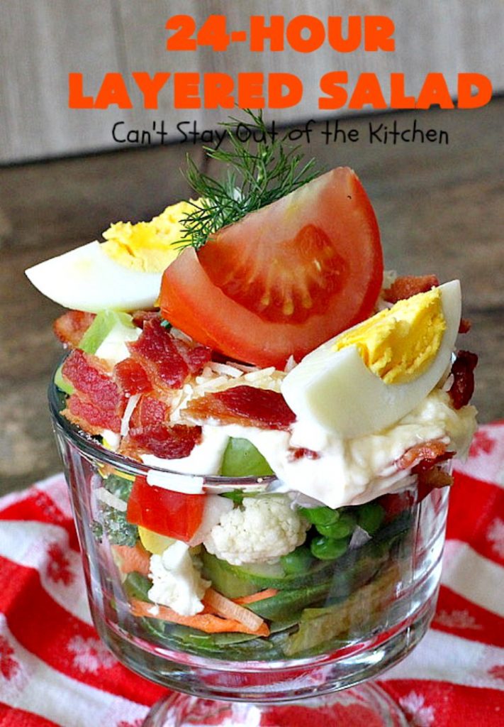 24-Hour Layered Salad | Can't Stay Out of the Kitchen | Wow, I absolutely love this stuff! This #salad has so many layers & tastes absolutely awesome. We love to serve it for potlucks, backyard #BBQs and summer #holidays like #FathersDay, #FourthofJuly & #LaborDay. #bacon #romano #glutenfree