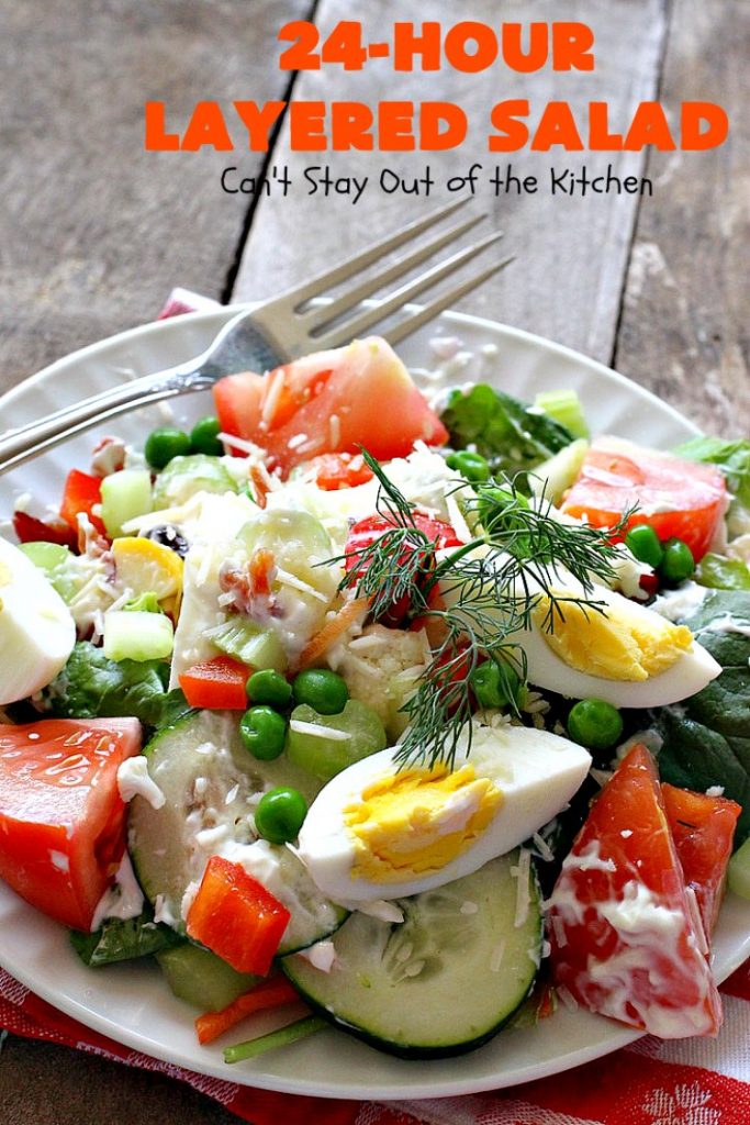 24-Hour Layered Salad | Can't Stay Out of the Kitchen | Wow, I absolutely love this stuff! This #salad has so many layers & tastes absolutely awesome. We love to serve it for potlucks, backyard #BBQs and summer #holidays like #FathersDay, #FourthofJuly & #LaborDay. #bacon #romano #glutenfree