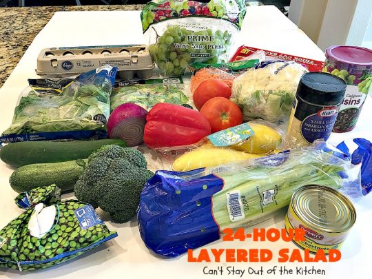 24-Hour Layered Salad | Can't Stay Out of the Kitchen | Wow, I absolutely love this stuff! This #salad has so many layers & tastes absolutely awesome. We love to serve it for potlucks, backyard #BBQs and summer #holidays like #FathersDay, #FourthofJuly & #LaborDay. #bacon #romano #glutenfree