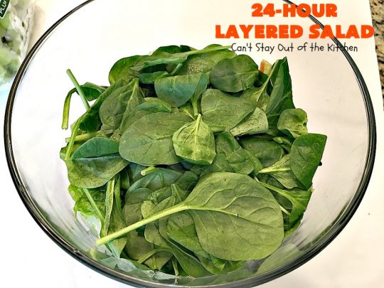 24-Hour Layered Salad | Can't Stay Out of the Kitchen | Wow, I absolutely love this stuff! This #salad has so many layers & tastes absolutely awesome. We love to serve it for potlucks, backyard #BBQs and summer #holidays like #FathersDay, #FourthofJuly & #LaborDay. #bacon #romano #glutenfree