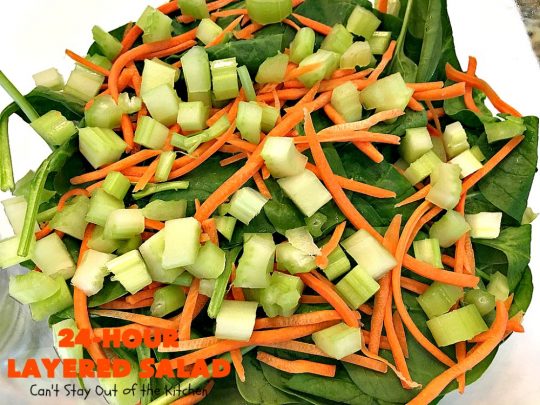 24-Hour Layered Salad | Can't Stay Out of the Kitchen | Wow, I absolutely love this stuff! This #salad has so many layers & tastes absolutely awesome. We love to serve it for potlucks, backyard #BBQs and summer #holidays like #FathersDay, #FourthofJuly & #LaborDay. #bacon #romano #glutenfree