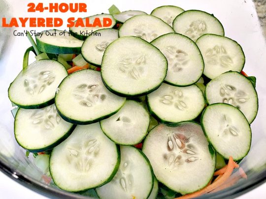 24-Hour Layered Salad | Can't Stay Out of the Kitchen | Wow, I absolutely love this stuff! This #salad has so many layers & tastes absolutely awesome. We love to serve it for potlucks, backyard #BBQs and summer #holidays like #FathersDay, #FourthofJuly & #LaborDay. #bacon #romano #glutenfree