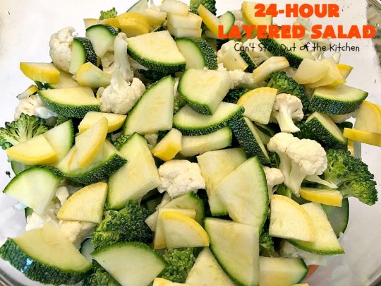 24-Hour Layered Salad | Can't Stay Out of the Kitchen | Wow, I absolutely love this stuff! This #salad has so many layers & tastes absolutely awesome. We love to serve it for potlucks, backyard #BBQs and summer #holidays like #FathersDay, #FourthofJuly & #LaborDay. #bacon #romano #glutenfree