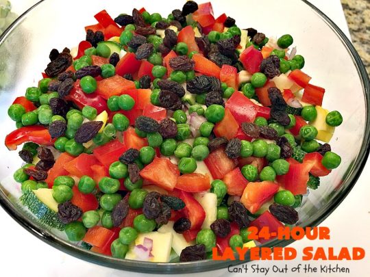 24-Hour Layered Salad | Can't Stay Out of the Kitchen | Wow, I absolutely love this stuff! This #salad has so many layers & tastes absolutely awesome. We love to serve it for potlucks, backyard #BBQs and summer #holidays like #FathersDay, #FourthofJuly & #LaborDay. #bacon #romano #glutenfree