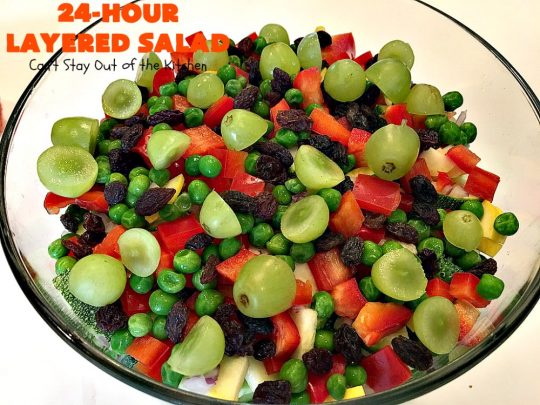 24-Hour Layered Salad | Can't Stay Out of the Kitchen | Wow, I absolutely love this stuff! This #salad has so many layers & tastes absolutely awesome. We love to serve it for potlucks, backyard #BBQs and summer #holidays like #FathersDay, #FourthofJuly & #LaborDay. #bacon #romano #glutenfree