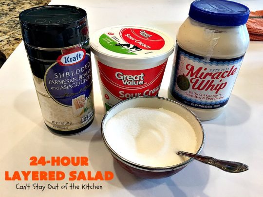 24-Hour Layered Salad | Can't Stay Out of the Kitchen | Wow, I absolutely love this stuff! This #salad has so many layers & tastes absolutely awesome. We love to serve it for potlucks, backyard #BBQs and summer #holidays like #FathersDay, #FourthofJuly & #LaborDay. #bacon #romano #glutenfree
