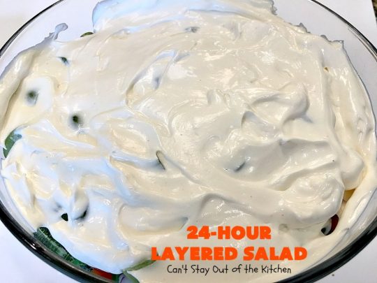 24-Hour Layered Salad | Can't Stay Out of the Kitchen | Wow, I absolutely love this stuff! This #salad has so many layers & tastes absolutely awesome. We love to serve it for potlucks, backyard #BBQs and summer #holidays like #FathersDay, #FourthofJuly & #LaborDay. #bacon #romano #glutenfree
