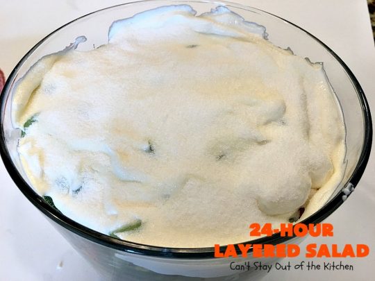 24-Hour Layered Salad | Can't Stay Out of the Kitchen | Wow, I absolutely love this stuff! This #salad has so many layers & tastes absolutely awesome. We love to serve it for potlucks, backyard #BBQs and summer #holidays like #FathersDay, #FourthofJuly & #LaborDay. #bacon #romano #glutenfree