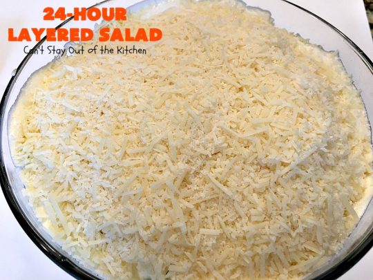 24-Hour Layered Salad | Can't Stay Out of the Kitchen | Wow, I absolutely love this stuff! This #salad has so many layers & tastes absolutely awesome. We love to serve it for potlucks, backyard #BBQs and summer #holidays like #FathersDay, #FourthofJuly & #LaborDay. #bacon #romano #glutenfree