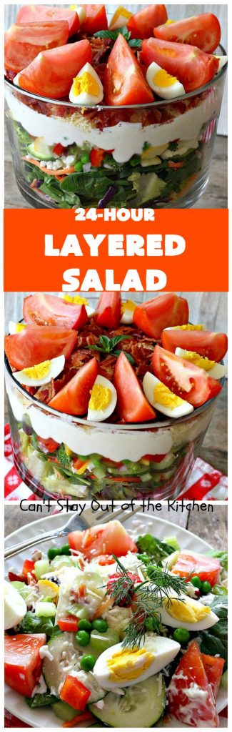24-Hour Layered Salad | Can't Stay Out of the Kitchen | Wow, I absolutely love this stuff! This #salad has so many layers & tastes absolutely awesome. We love to serve it for potlucks, backyard #BBQs and summer #holidays like #FathersDay, #FourthofJuly & #LaborDay. #bacon #romano #glutenfree