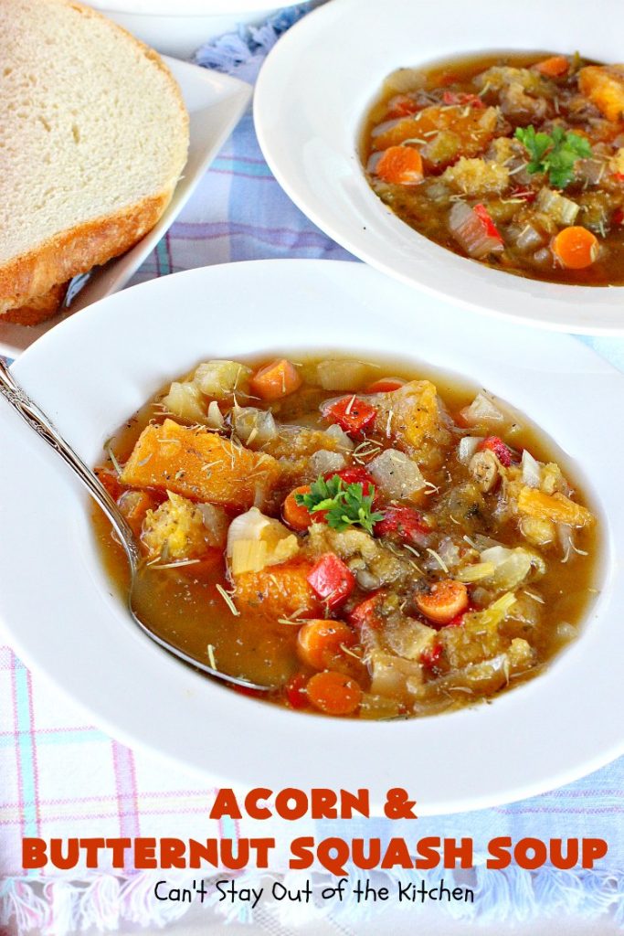 Acorn and Butternut Squash Soup | Can't Stay Out of the Kitchen | this delicious #soup is made with both #acornsquash & #butternutsquash. It also uses #apples & lots of fresh #veggies. Terrific comfort food for cool, fall nights. Plus, it's so easy since it's made in the #slowcooker. #Healthy #LowCalorie #vegan #glutenfree #cleaneating #crockpot