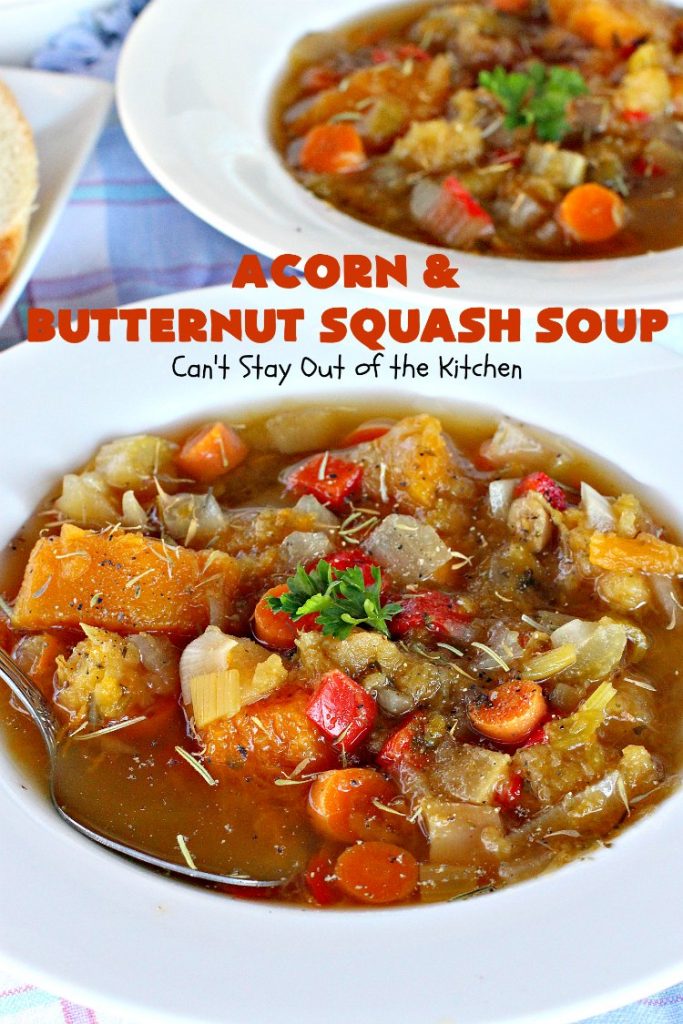 Acorn and Butternut Squash Soup | Can't Stay Out of the Kitchen | this delicious #soup is made with both #acornsquash & #butternutsquash. It also uses #apples & lots of fresh #veggies. Terrific comfort food for cool, fall nights. Plus, it's so easy since it's made in the #slowcooker. #Healthy #LowCalorie #vegan #glutenfree #cleaneating #crockpot