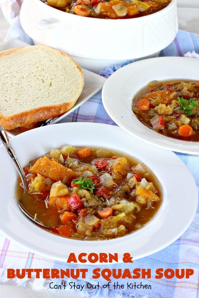 Acorn and Butternut Squash Soup | Can't Stay Out of the Kitchen | this delicious #soup is made with both #acornsquash & #butternutsquash. It also uses #apples & lots of fresh #veggies. Terrific comfort food for cool, fall nights. Plus, it's so easy since it's made in the #slowcooker. #Healthy #LowCalorie #vegan #glutenfree #cleaneating #crockpot