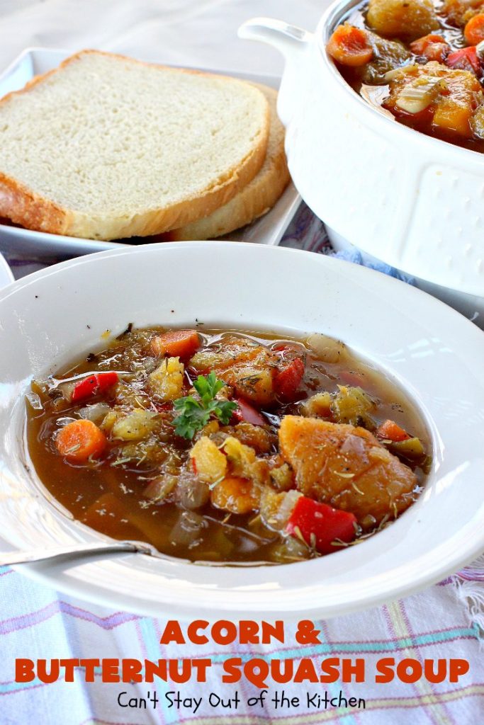 Acorn and Butternut Squash Soup | Can't Stay Out of the Kitchen | this delicious #soup is made with both #acornsquash & #butternutsquash. It also uses #apples & lots of fresh #veggies. Terrific comfort food for cool, fall nights. Plus, it's so easy since it's made in the #slowcooker. #Healthy #LowCalorie #vegan #glutenfree #cleaneating #crockpot