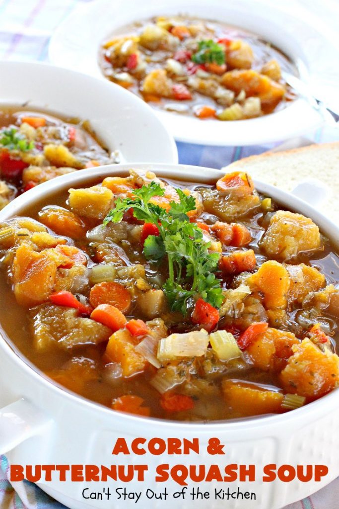 Acorn and Butternut Squash Soup | Can't Stay Out of the Kitchen | this delicious #soup is made with both #acornsquash & #butternutsquash. It also uses #apples & lots of fresh #veggies. Terrific comfort food for cool, fall nights. Plus, it's so easy since it's made in the #slowcooker. #Healthy #LowCalorie #vegan #glutenfree #cleaneating #crockpot