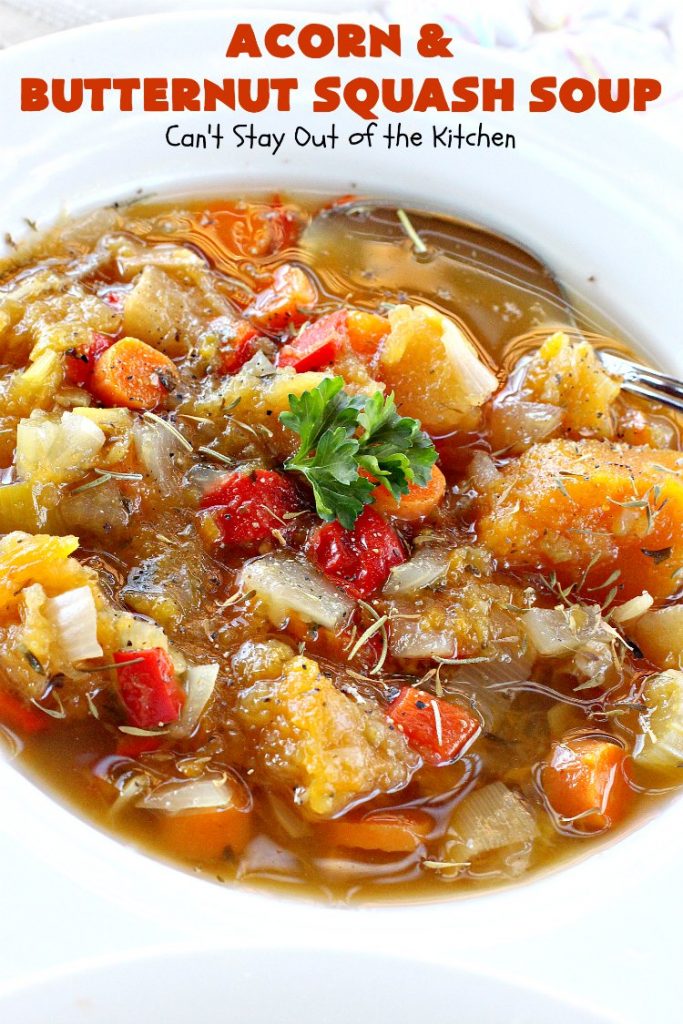 Acorn and Butternut Squash Soup | Can't Stay Out of the Kitchen | this delicious #soup is made with both #acornsquash & #butternutsquash. It also uses #apples & lots of fresh #veggies. Terrific comfort food for cool, fall nights. Plus, it's so easy since it's made in the #slowcooker. #Healthy #LowCalorie #vegan #glutenfree #cleaneating #crockpot
