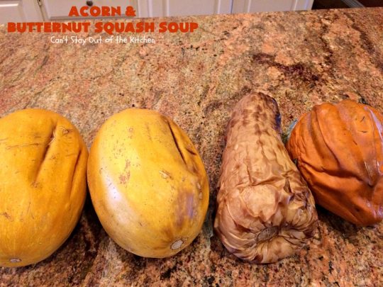 Acorn and Butternut Squash Soup | Can't Stay Out of the Kitchen | this delicious #soup is made with both #acornsquash & #butternutsquash. It also uses #apples & lots of fresh #veggies. Terrific comfort food for cool, fall nights. Plus, it's so easy since it's made in the #slowcooker. #Healthy #LowCalorie #vegan #glutenfree #cleaneating #crockpot
