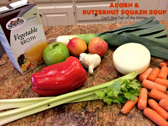 Acorn and Butternut Squash Soup | Can't Stay Out of the Kitchen | this delicious #soup is made with both #acornsquash & #butternutsquash. It also uses #apples & lots of fresh #veggies. Terrific comfort food for cool, fall nights. Plus, it's so easy since it's made in the #slowcooker. #Healthy #LowCalorie #vegan #glutenfree #cleaneating #crockpot