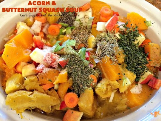 Acorn and Butternut Squash Soup | Can't Stay Out of the Kitchen | this delicious #soup is made with both #acornsquash & #butternutsquash. It also uses #apples & lots of fresh #veggies. Terrific comfort food for cool, fall nights. Plus, it's so easy since it's made in the #slowcooker. #Healthy #LowCalorie #vegan #glutenfree #cleaneating #crockpot