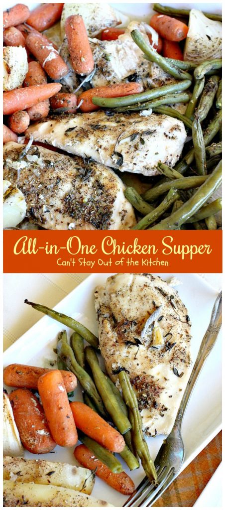 All-in-One Chicken Supper | Can't Stay Out of the Kitchen | fabulous #chicken dinner that's a quick & easy one dish meal. This entree is seasoned to perfection. We loved it. #potatoes #carrots #glutenfree