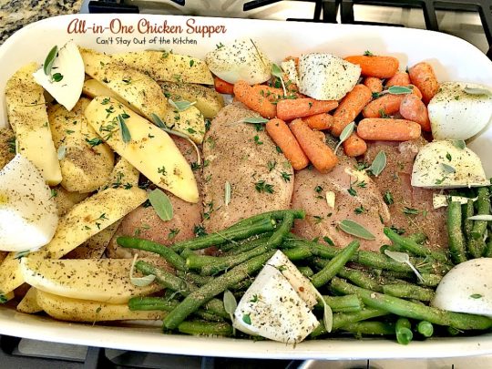 All-in-One Chicken Supper | Can't Stay Out of the Kitchen | fabulous #chicken dinner that's a quick & easy one dish meal. This entree is seasoned to perfection. We loved it. #potatoes #carrots #glutenfree