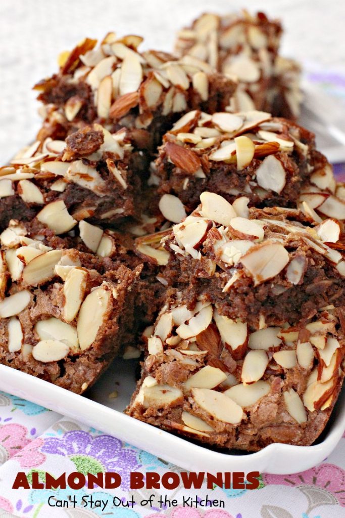 Almond Brownies | Can't Stay Out of the Kitchen | these lush, decadent #brownies are filled with #almonds providing a crunchy texture that's irresistible. Terrific for #holidays like #MemorialDay, #FourthofJuly or #LaborDay. We also like them for potlucks & #tailgating parties. #Chocolate #dessert #ChocolateDessert #AlmondDessert #cookie