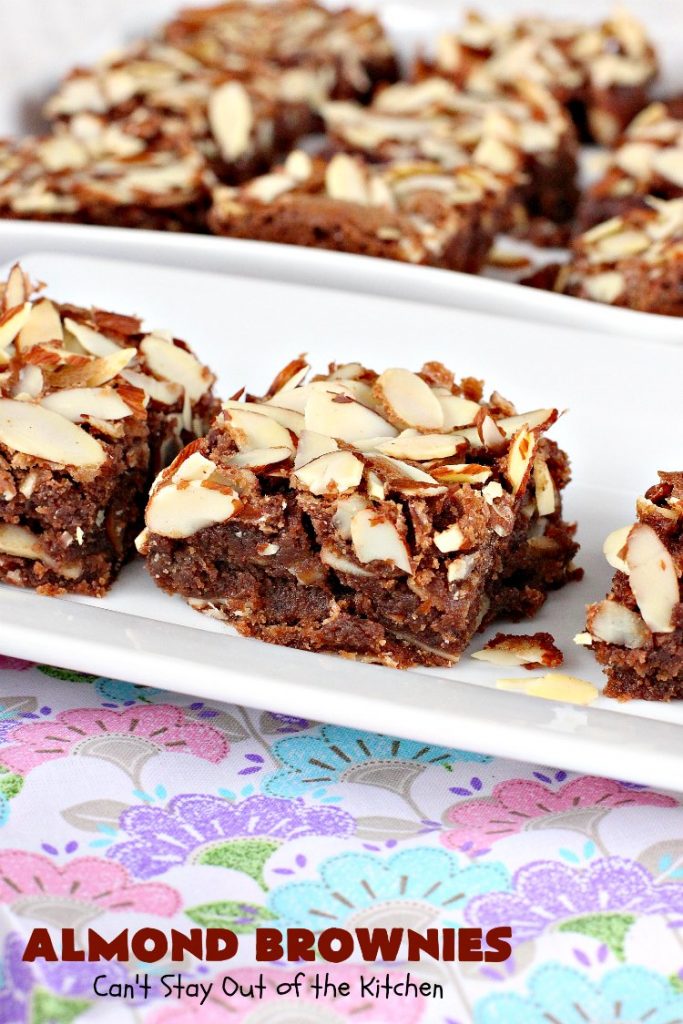Almond Brownies | Can't Stay Out of the Kitchen | these lush, decadent #brownies are filled with #almonds providing a crunchy texture that's irresistible. Terrific for #holidays like #MemorialDay, #FourthofJuly or #LaborDay. We also like them for potlucks & #tailgating parties. #Chocolate #dessert #ChocolateDessert #AlmondDessert #cookie