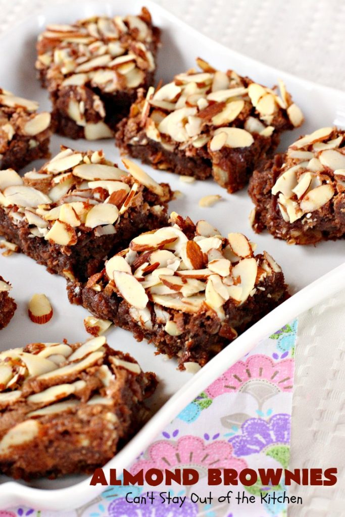 Almond Brownies | Can't Stay Out of the Kitchen | these lush, decadent #brownies are filled with #almonds providing a crunchy texture that's irresistible. Terrific for #holidays like #MemorialDay, #FourthofJuly or #LaborDay. We also like them for potlucks & #tailgating parties. #Chocolate #dessert #ChocolateDessert #AlmondDessert #cookie