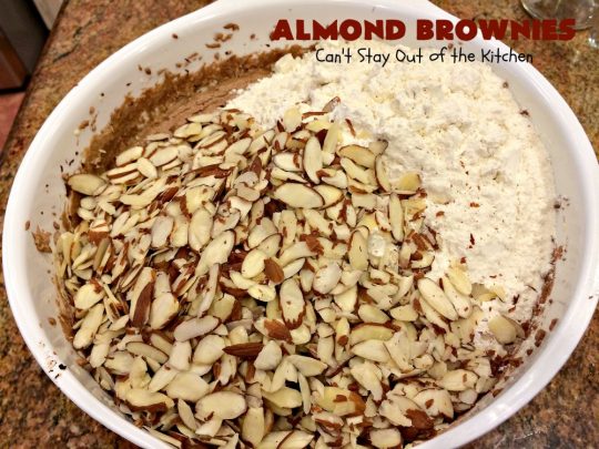 Almond Brownies | Can't Stay Out of the Kitchen | these lush, decadent #brownies are filled with #almonds providing a crunchy texture that's irresistible. Terrific for #holidays like #MemorialDay, #FourthofJuly or #LaborDay. We also like them for potlucks & #tailgating parties. #Chocolate #dessert #ChocolateDessert #AlmondDessert #cookie