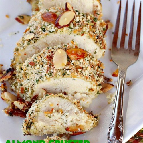 Almond-Crusted Chicken | Can't Stay Out of the Kitchen | this quick & easy #chicken #recipe is made with #AlmondMeal instead of flour. It's #healthy, #LowCalorie & #GlutenFree. Terrific entree for #FathersDay. #cheese #almonds #Parmesan #AlmondCrustedChicken