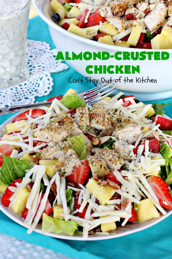 Almond-Crusted Chicken | Can't Stay Out of the Kitchen | this quick & easy #chicken #recipe is made with #AlmondMeal instead of flour. It's #healthy, #LowCalorie & #GlutenFree. Terrific entree for #FathersDay. #cheese #almonds #Parmesan #AlmondCrustedChicken