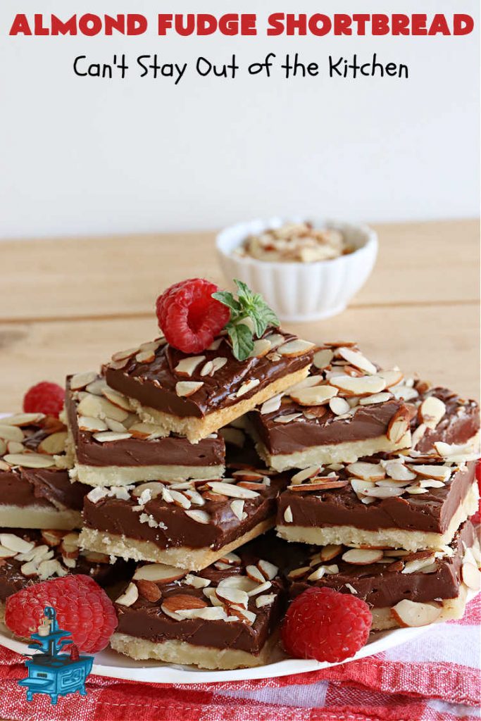 Almond Fudge Shortbread | Can't Stay Out of the Kitchen | This luscious, fudge, chocolaty #shortbread #recipe is rich, decadent & heavenly. Wow your family & friends with this fantastic #cookie at your next #potluck, #tailgating party, #BackyardBarbecue or even #holiday baking & a #ChristmasCookieExchange. Every bite will have you swooning! #Almonds #Fudge #dessert #AlmondFudgeShortbread #ChocolateDessert