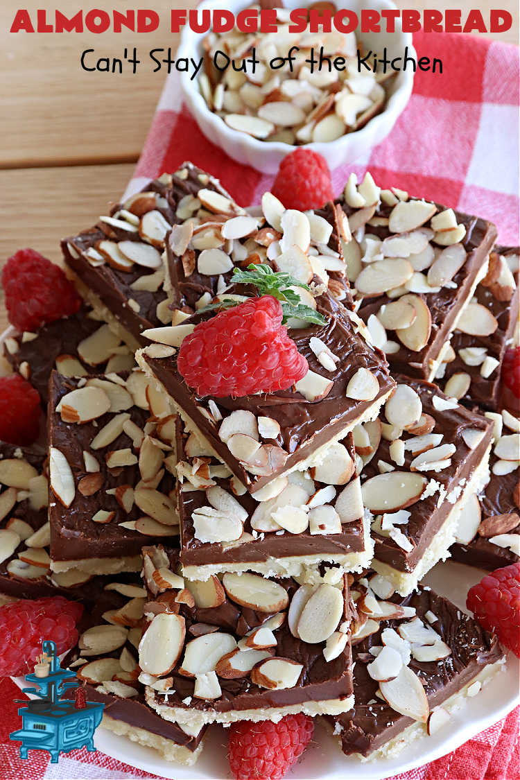 Almond Fudge Shortbread | Can't Stay Out of the Kitchen | This luscious, fudge, chocolaty #shortbread #recipe is rich, decadent & heavenly. Wow your family & friends with this fantastic #cookie at your next #potluck, #tailgating party, #BackyardBarbecue or even #holiday baking & a #ChristmasCookieExchange. Every bite will have you swooning! #Almonds #Fudge #dessert #AlmondFudgeShortbread #ChocolateDessert
