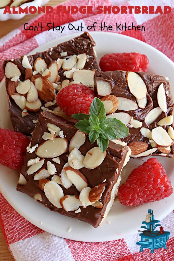 Almond Fudge Shortbread | Can't Stay Out of the Kitchen | This luscious, fudge, chocolaty #shortbread #recipe is rich, decadent & heavenly. Wow your family & friends with this fantastic #cookie at your next #potluck, #tailgating party, #BackyardBarbecue or even #holiday baking & a #ChristmasCookieExchange. Every bite will have you swooning! #Almonds #Fudge #dessert #AlmondFudgeShortbread #ChocolateDessert