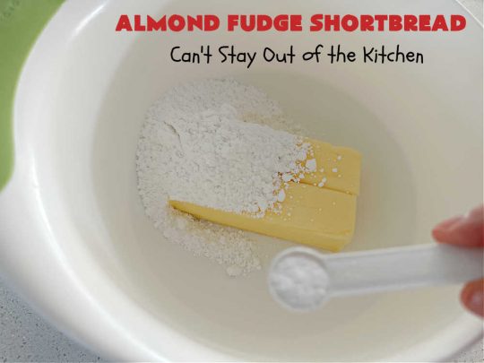 Almond Fudge Shortbread | Can't Stay Out of the Kitchen | This luscious, fudge, chocolaty #shortbread #recipe is rich, decadent & heavenly. Wow your family & friends with this fantastic #cookie at your next #potluck, #tailgating party, #BackyardBarbecue or even #holiday baking & a #ChristmasCookieExchange. Every bite will have you swooning! #Almonds #Fudge #dessert #AlmondFudgeShortbread #ChocolateDessert