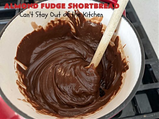 Almond Fudge Shortbread | Can't Stay Out of the Kitchen | This luscious, fudge, chocolaty #shortbread #recipe is rich, decadent & heavenly. Wow your family & friends with this fantastic #cookie at your next #potluck, #tailgating party, #BackyardBarbecue or even #holiday baking & a #ChristmasCookieExchange. Every bite will have you swooning! #Almonds #Fudge #dessert #AlmondFudgeShortbread #ChocolateDessert