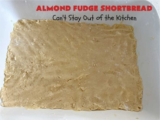 Almond Fudge Shortbread | Can't Stay Out of the Kitchen | This luscious, fudge, chocolaty #shortbread #recipe is rich, decadent & heavenly. Wow your family & friends with this fantastic #cookie at your next #potluck, #tailgating party, #BackyardBarbecue or even #holiday baking & a #ChristmasCookieExchange. Every bite will have you swooning! #Almonds #Fudge #dessert #AlmondFudgeShortbread #ChocolateDessert