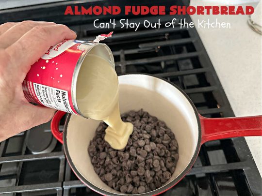Almond Fudge Shortbread | Can't Stay Out of the Kitchen | This luscious, fudge, chocolaty #shortbread #recipe is rich, decadent & heavenly. Wow your family & friends with this fantastic #cookie at your next #potluck, #tailgating party, #BackyardBarbecue or even #holiday baking & a #ChristmasCookieExchange. Every bite will have you swooning! #Almonds #Fudge #dessert #AlmondFudgeShortbread #ChocolateDessert