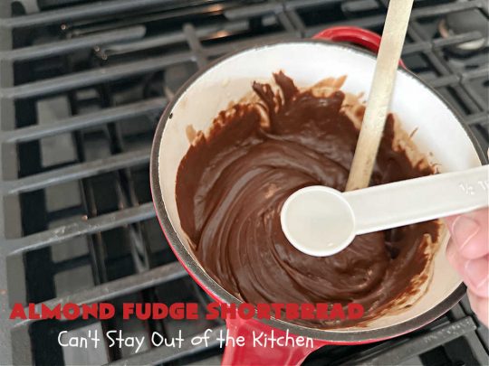 Almond Fudge Shortbread | Can't Stay Out of the Kitchen | This luscious, fudge, chocolaty #shortbread #recipe is rich, decadent & heavenly. Wow your family & friends with this fantastic #cookie at your next #potluck, #tailgating party, #BackyardBarbecue or even #holiday baking & a #ChristmasCookieExchange. Every bite will have you swooning! #Almonds #Fudge #dessert #AlmondFudgeShortbread #ChocolateDessert