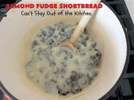 Almond Fudge Shortbread | Can't Stay Out of the Kitchen | This luscious, fudge, chocolaty #shortbread #recipe is rich, decadent & heavenly. Wow your family & friends with this fantastic #cookie at your next #potluck, #tailgating party, #BackyardBarbecue or even #holiday baking & a #ChristmasCookieExchange. Every bite will have you swooning! #Almonds #Fudge #dessert #AlmondFudgeShortbread #ChocolateDessert