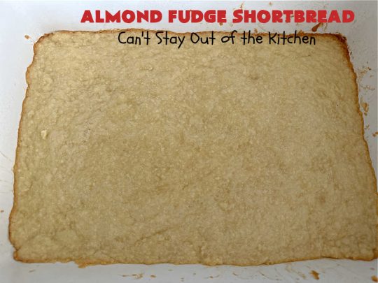 Almond Fudge Shortbread | Can't Stay Out of the Kitchen | This luscious, fudge, chocolaty #shortbread #recipe is rich, decadent & heavenly. Wow your family & friends with this fantastic #cookie at your next #potluck, #tailgating party, #BackyardBarbecue or even #holiday baking & a #ChristmasCookieExchange. Every bite will have you swooning! #Almonds #Fudge #dessert #AlmondFudgeShortbread #ChocolateDessert