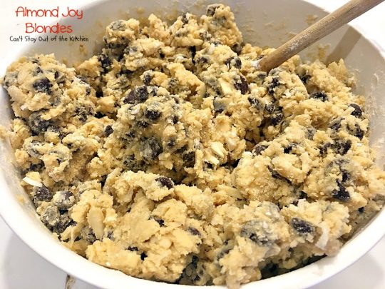 Almond Joy Blondies | Can't Stay Out of the Kitchen | these rich and decadent #cookies are divine. Perfect #dessert for any occasion. The icing is to die for! #chocolate #coconut #almonds