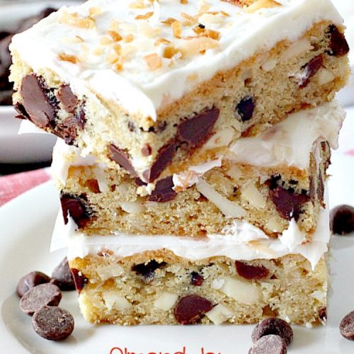 Almond Joy Blondies | Can't Stay Out of the Kitchen | these rich and decadent #cookies are divine. Perfect #dessert for any occasion. The icing is to die for! #chocolate #coconut #almonds