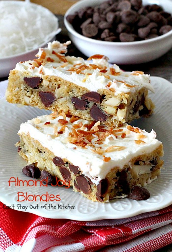 Almond Joy Blondies | Can't Stay Out of the Kitchen | these rich and decadent #cookies are divine. Perfect #dessert for any occasion. The icing is to die for! #chocolate #coconut #almonds