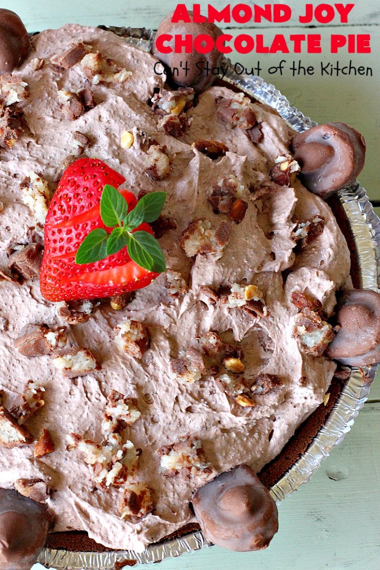 Almond Joy Chocolate Pie | Can't Stay Out of the Kitchen | this fantastic #Chocolate #Pie uses only 5 ingredients & is made with #AlmondJoyBars so it's filled with #coconut & #almonds. Terrific for a company or #holiday #dessert. #ChocolateDessert #AlmondJoyDessert #AlmondJoyChocolatePie