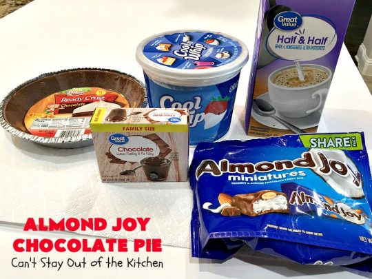 Almond Joy Chocolate Pie | Can't Stay Out of the Kitchen | this fantastic #Chocolate #Pie uses only 5 ingredients & is made with #AlmondJoyBars so it's filled with #coconut & #almonds. Terrific for a company or #holiday #dessert. #ChocolateDessert #AlmondJoyDessert #AlmondJoyChocolatePie